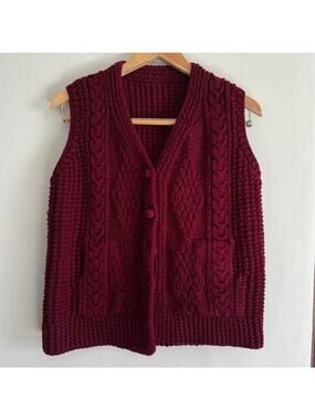80s Vintage Burgundy Handmade Wool Fisherman Knit Sweater Vest Approx Medium
